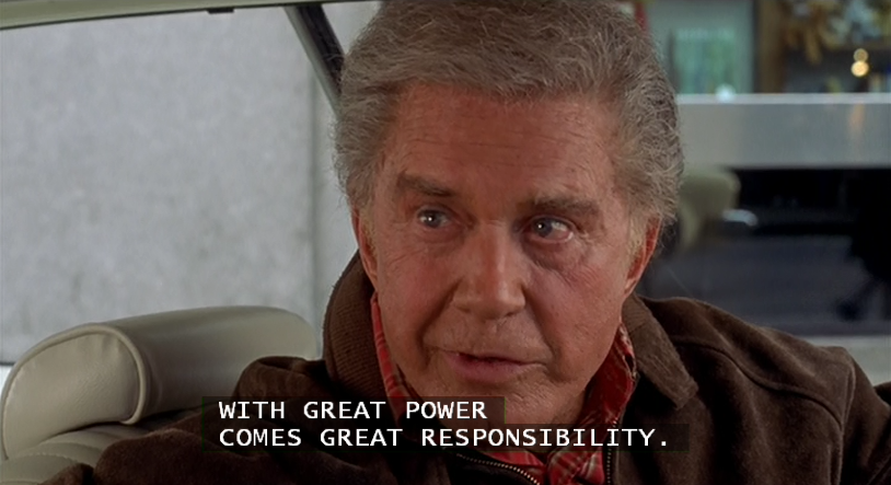 Photo of uncle Ben saying "With great powers comes great responsibility" in Spider Man one.