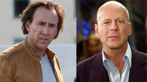 Photo of sahved head Bruce Willis and receding hair line Nicolas Cage
